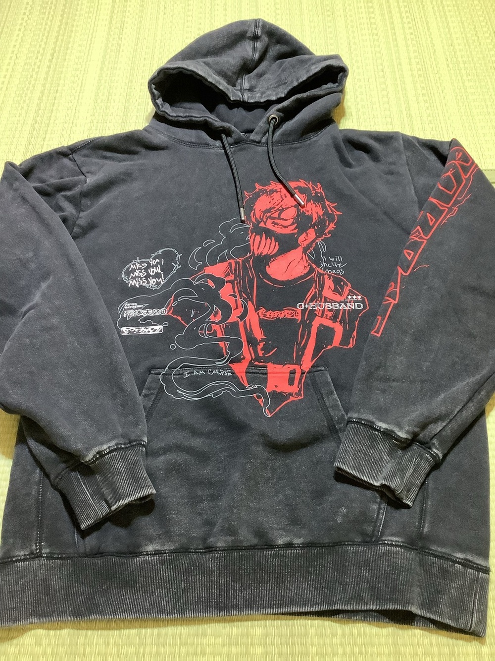 Corpse C+HUSBAND Graphic Print Hoodie "Miss You” Black Acid-Wash Size Large